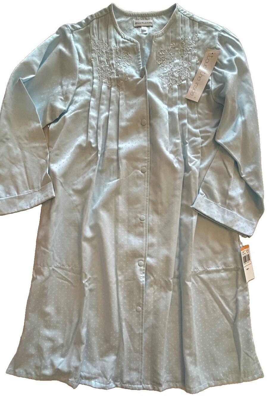 NWT Miss Elaine Blue Satin Nightgown Robe Flannel Lined Cottagecore Sz Small